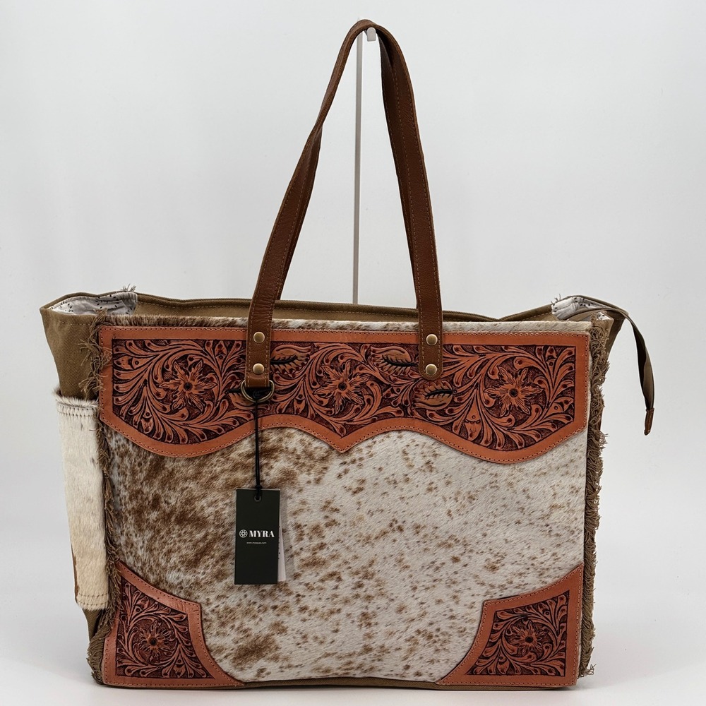 Myra Cartwright Hand Tooled Bag Women Large Tan White Cowhide Western Tote 14562